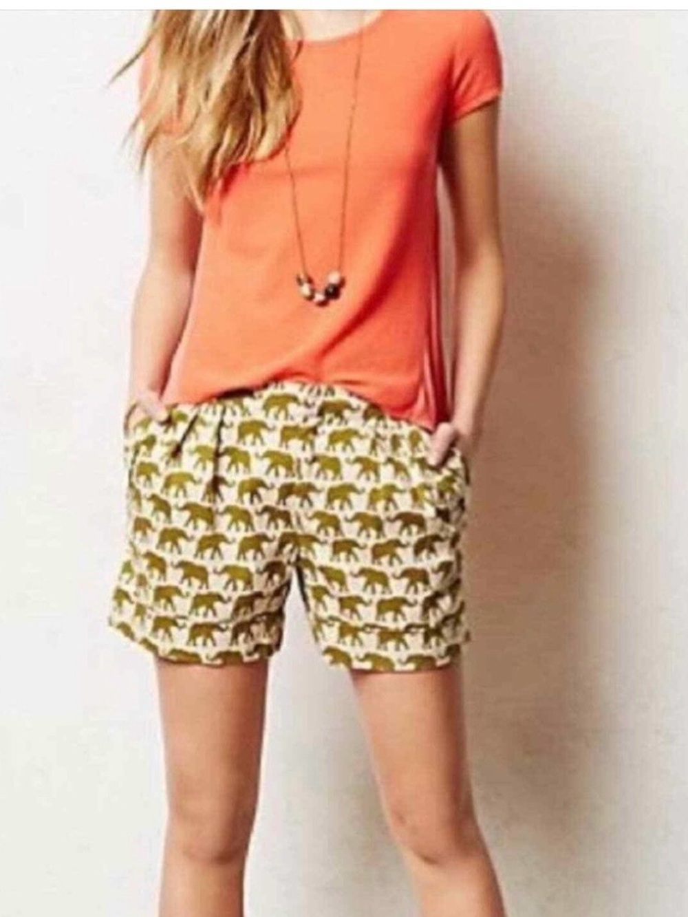Cartonnier Anthropologie Olive Elephant Print Cotton Shorts